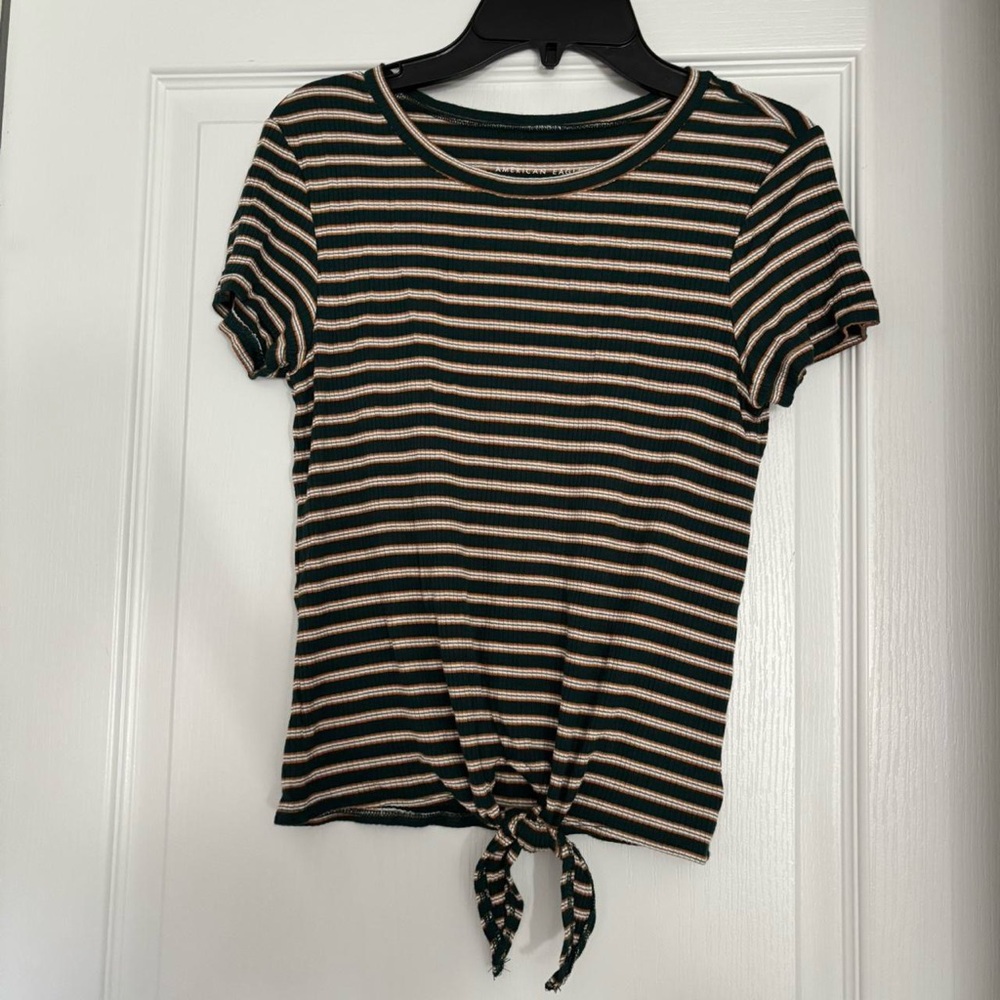 American Eagle Outfitters Black and Tan Striped Tie-Front Tee